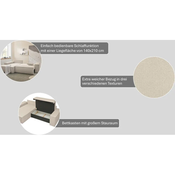 OTTO home Ecksofa FINNLEY, L-Form 257 cm, Schlafsofa, mit Bettkasten, in Bouclé, Struktur fein und Mega Cord – Bild 3