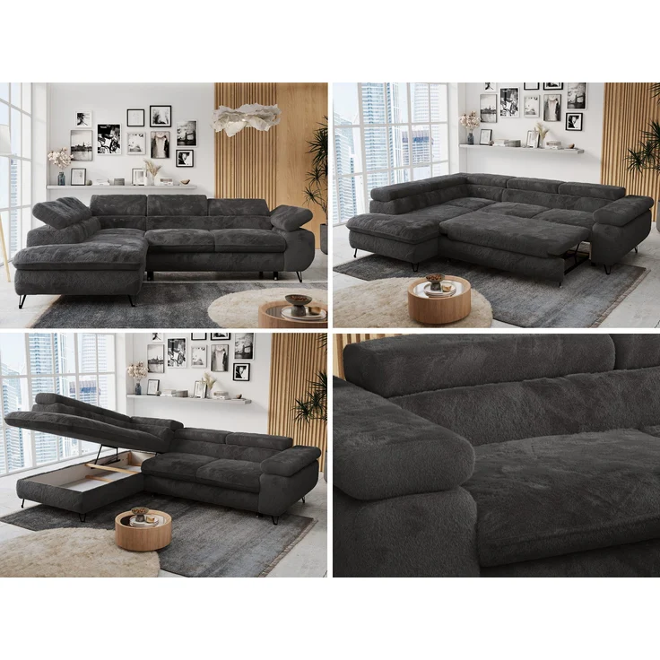 Ecksofa mit Bettfunktion, Modern Sofa, L-form, Einstellbare Kopfstützen, Bettkasten - PETER - Dunkelgrau Plüsch - links – Bild 2
