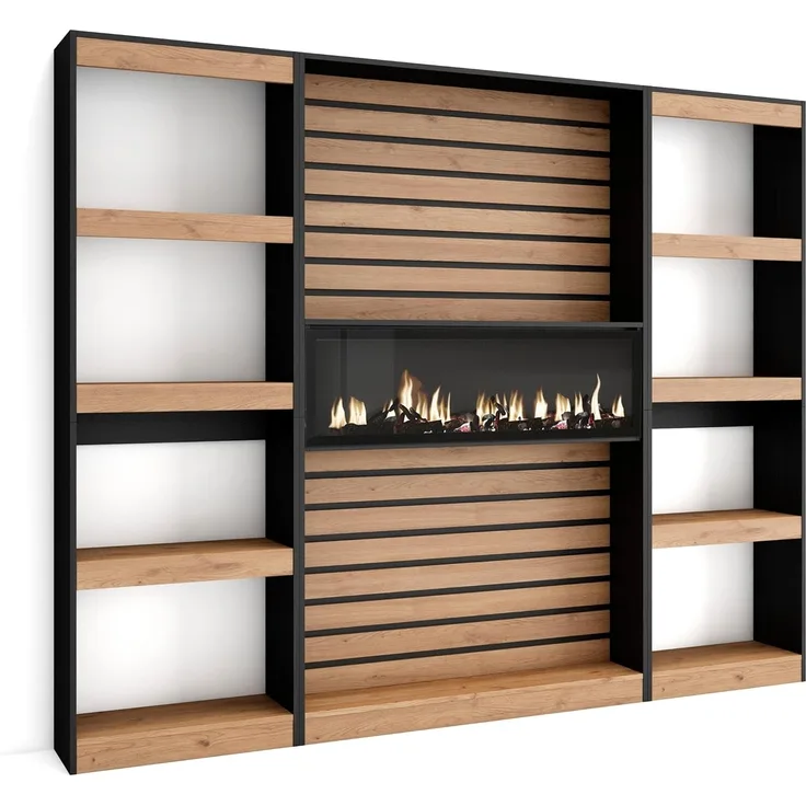Skraut Home | Bücherregal Bibliothek | Bookshelf, Bookcase | 230 x 186 x 25 cm | Wohnzimmer, Esszimmer, Büro | Elektrokamin | Moderner Stil | Eiche Schwarz