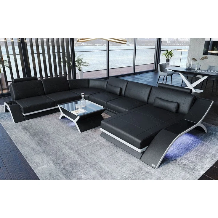 Sofa Dreams - XXL Wohnlandschaft Calabria – Leder Luxus - Ledermix - orange-schwarz - Links – Bild 7