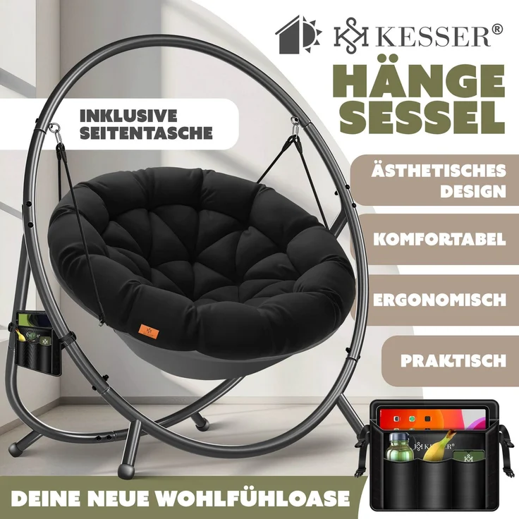 KESSER® 'BALI' Hängesessel, mit Gestell, bis 150kg, für Indoor und Outdoor + Kissen & Seitentasche, Stahlgestell/Schaumstoff Schwarz, 167,5 x 140 x 115,5 cm – Bild 2