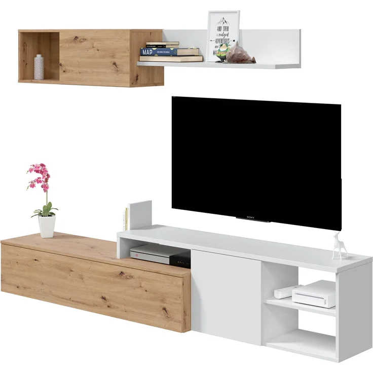 Habitdesign, Wohnzimmermöbel-Set, Montage rechts oder Links möglich, modernes Design in Eiche Nodi und Artik weiß, Maße: 221 x 44 x 40 cm (B x H x T), Modell Julia