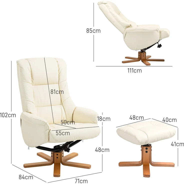 HOMCOM Relaxsessel mit Hocker, Kunstleder, Holz, Cremeweiß, 71L x 84B x 102H cm – Bild 3