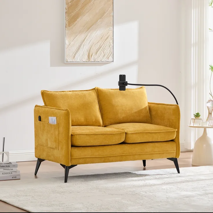 LVHOM 2-Sitzer Sofa mit Handyhalter und USB, Doppelsofa mit Seitentaschen, Polstersofa Zweisitzer mit Chenille Bezug, Gelb