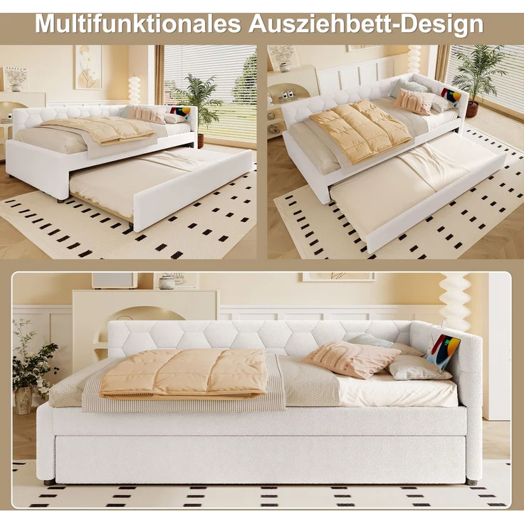 Daybett, 90*200cm Tagesbett, Schlafsofa, Bett mit Lattenrost (ohne Matratze), mit Nachttischlampe, mit multifunktionalem Ausziehbett, USB-Anschluss, Typ-C, Komfortmaterial, Boucle, Weiß – Bild 4