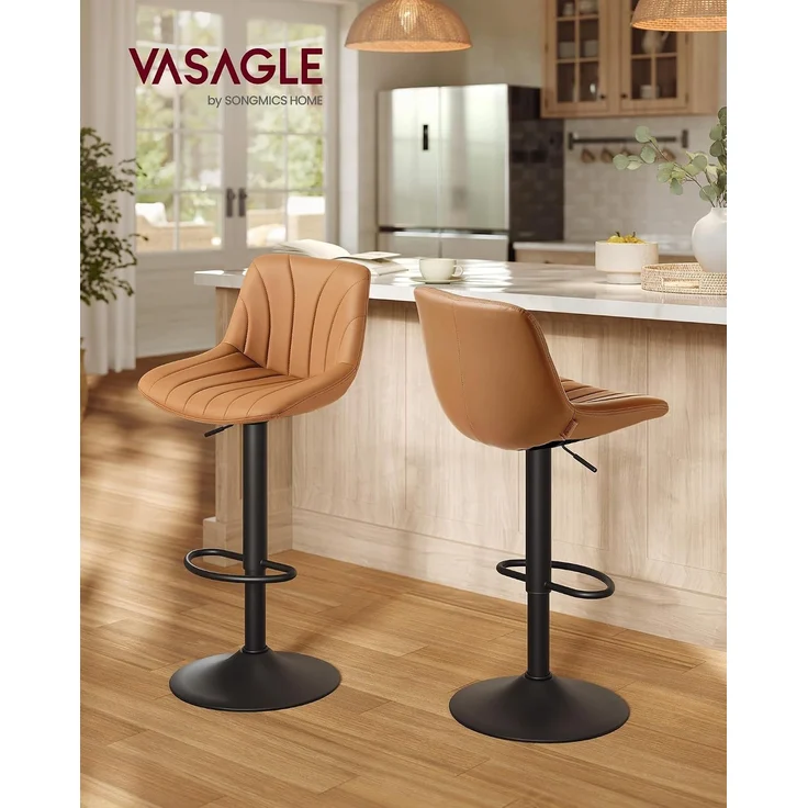VASAGLE Barstuhl 2er Set, Küchenhocker, 88-108 cm höhenverstellbar, Barhocker, drehbar, mit Fußstütze, PU-Bezug, braun – Bild 2