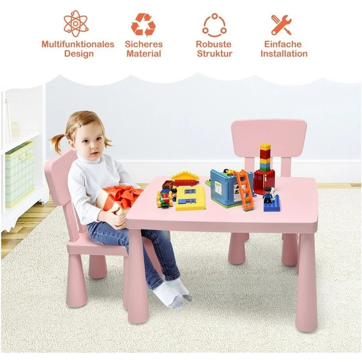 COSTWAY 3 TLG. Kindersitzgruppe, Kindertischgruppe, Kindertisch mit 2 Stühlen, Kindermöbel aus Kunststoff, Kinder Tischset für Kindergarten und Kinderzimmer (Rosa) – Bild 3