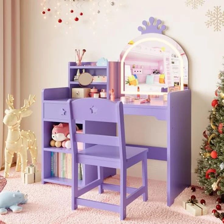 2 in 1 Schminktisch Kinder Set, Kinderschminktisch mit Spiegel & LED-Lichtern, Schminktisch für Mädchen, Kinderschminktisch mit Hocker, Schubladen, Offenen Fächern, Prinzessin Frisiertisch Holz, Lila – Bild 2