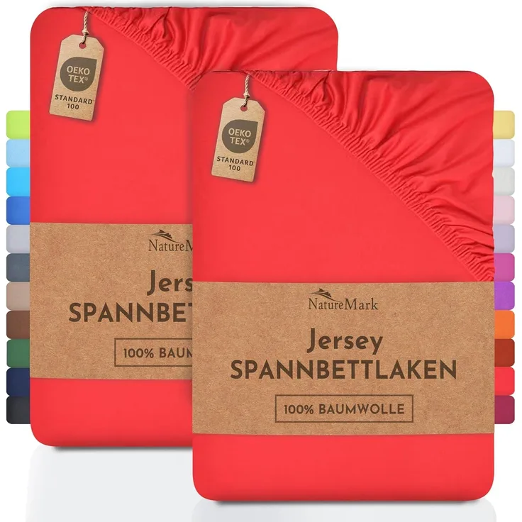 NatureMark 2er Pack Jersey Spannbettlaken, Spannbetttuch 100% Baumwolle in vielen Größen und Farben MARKENQUALITÄT ÖKOTEX Standard 100 | 200x220 cm +40 Steg - rot