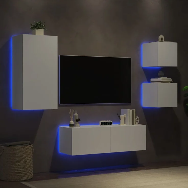 4-tlg. Wohnwand, Schrankwand mit LED-Leuchten Weiß – Bild 1