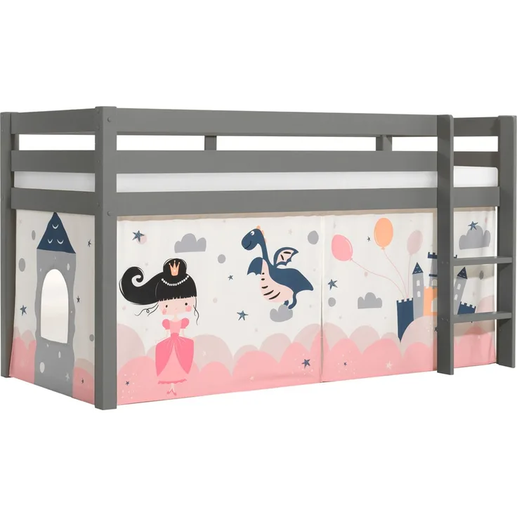 Vipack 'Pino' Halbhochbett 90x200 cm, grau, Kiefer massiv, mit Textilset 'Princess Sophie'