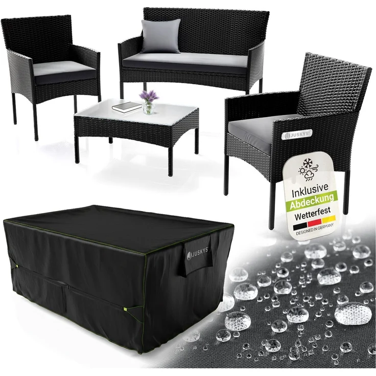 Juskys Polyrattan Gartenmöbel-Set Fort Myers schwarz inkl. Abdeckung – Sitzgruppe mit Tisch, Sofa & 2 Stühlen - Balkonmöbel für 4 Personen mit grauen Auflagen – Bild 1
