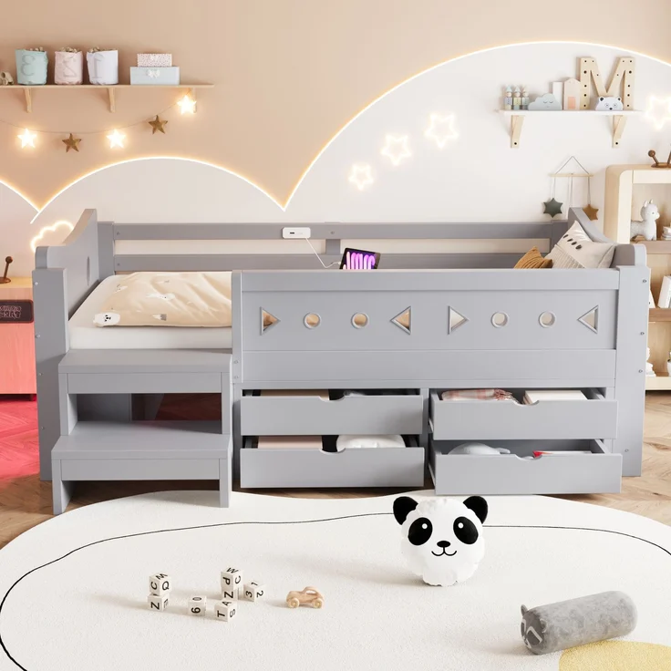 Kinderbett 90×200 cm mit Sicherheitsgittern, Stauraum und LED, Grau, ohne Matratze – Bild 4