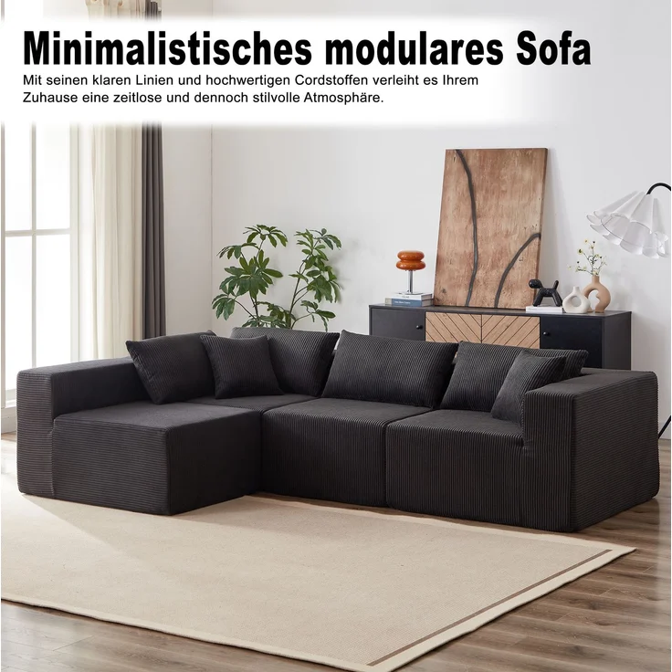 Ecksofa 264 x 167 x 71 cm – modulares L-Sofa mit Cordbezug, Schwarz – Bild 7