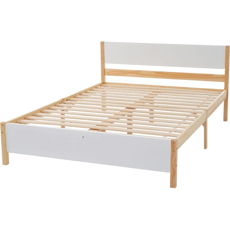 Doppelbett 140x200 cm, Holzbett mit Kiefernholzrahmen und Mittelfuß, Weiß & Natur – Bild 6
