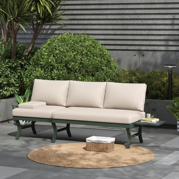 HAUSS SPOLE Gartensofa mit Liegefunktion,Outdoorsofa Gartenmöbel mit Kopfstütze&Tisch,Grün, Gartenbank mit verstellbarer Neigungsfunktion (5-stufig, bis 55), 3-Sitzer-Sofa mit verzinktes Stahlrohr mit eine Tabelle