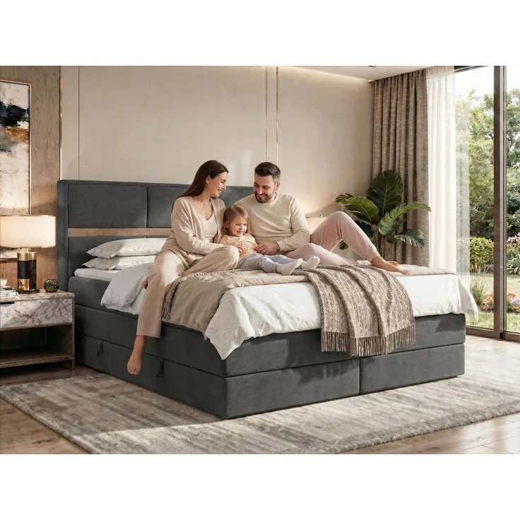 Doppelbett Boxspringbett ORVO KING 180 x 200 cm mit Stauraum, Multipocket-Matratze und Pocket 7 Härtezonen, H4, zwei Bettkästen - Topper Visco - Dunkelgrau Velvet – Bild 3