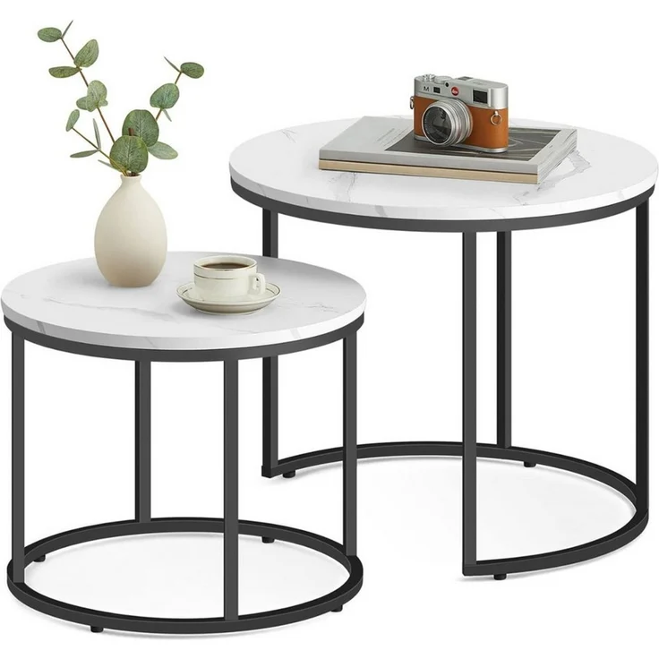 Home Collective Couchtisch 2er Set Beistelltisch Loft Design 2in1 Verschachtelung Wohnzimmer, kratzfeste Oberfläche 53cm und 43cm Marmor Optik mit schwarzen Beinen – Bild 1