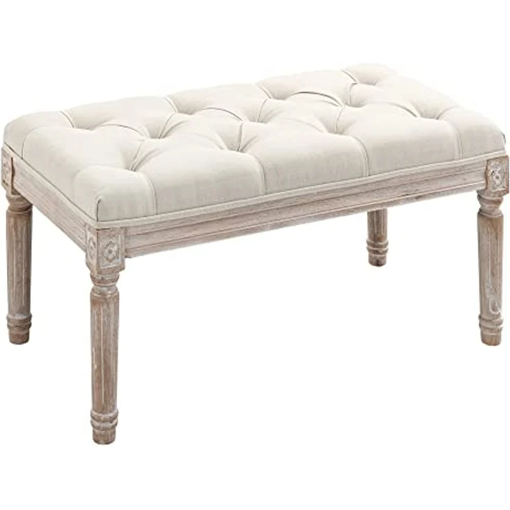 HOMCOM Fußhocker mit Leinenoptik, gepolstertem Sitz, Holzbein (Sitzhocker, 1 St, Polsterhocker), für Wohnzimmer, Schlafzimmer, Cremeweß – Bild 1