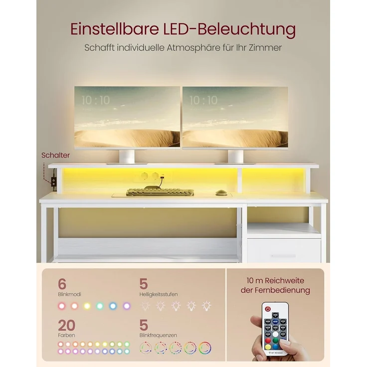 VASAGLE Schreibtisch mit Stoff-Schubladen, Computertisch mit Monitorständer, LED-Beleuchtung, 55 x 135 x 90 cm, eingebaute Steckdosen, 2 USB-A-Anschlüsse, für Homeoffice, ahornweiß LWD094W01 – Bild 3