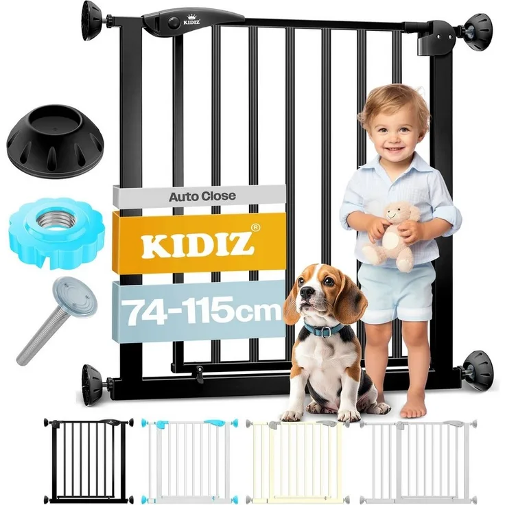 KIDIZ® Schutzgitter für Treppen | Tür, Auto Close Kindertreppengitter ohne Bohren | 90° Stop, Absperr Türschutzgitter, schwenkbare Trennwand, Treppenschutzgitter, Klemmen 74-87 cm WEISS