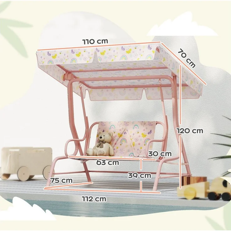 AIYAPLAY Hollywoodschaukel Kinderschaukel mit verstellbarem Sonnendach, Sicherheitsgurt, 2-Sitzer, verstellbarer Sonnenschutz, Gartenschaukel für 3-6 Jahre Kinder, 1 tlg, für 3-6 Jahre Kinder, Rosa 110 x 74 x 113 cm – Bild 2
