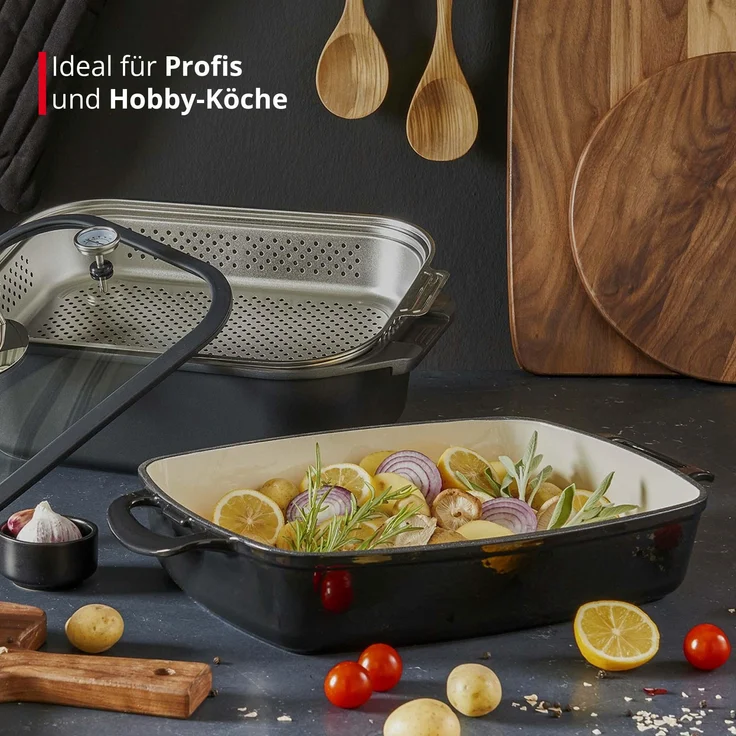 MEISTERKOCH Profi-Bräter 7,5 l mit Glasdeckel, eckig, schwarzer Alu-Guss, Induktion-geeignet mit Dämpfeinsatz, backofengeeignet bis 300°C, spülmaschinengeeignet, Bratenthermometer – Bild 5