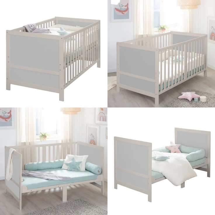 roba Babybett EASY SLEEP 70 x 140 cm inkl. Umbauecken + Matratze safe asleep® Roll Air - Mitwachsendes Gitterbett 3-fach höhenverstellbar - 3 Schlupfsprossen - Hellgrau – Bild 5