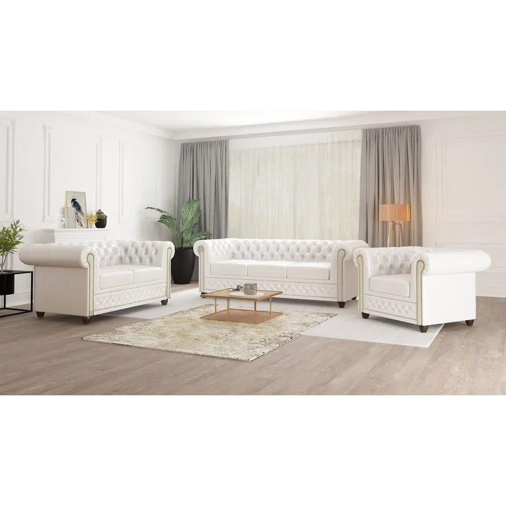 S-Style Möbel Polstergarnitur Chesterfield Jeff 3+2+1 aus veganem Leder mit Holzfüßen, (1x 3-Sitzer-Sofa, 1x 2-Sitzer-Sofa, 1x Sessel), mit Wellenfederung