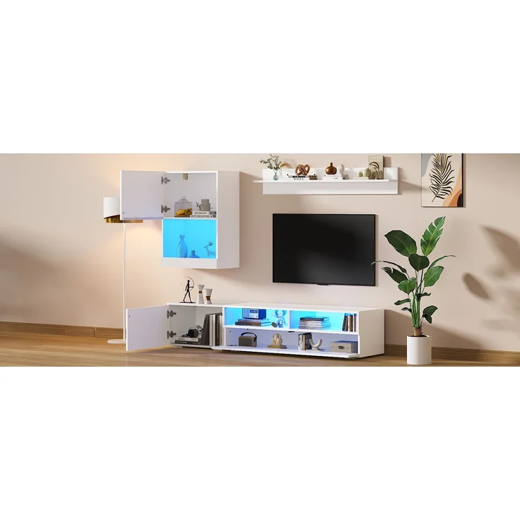175*39*34cm TV Wohnwand-set mit Vitrine (Komplett-Set, 3-St),Mediawand inkl. TV-Board, Standregal und Wandregal,TV Wohnzimmermöbel-Set mit LED und Hochglanz,TV-Schrank,stehend&hängend,TV bis 80',Weiß--Weiß--84.71x64.64x13.46cm--YOUDENOVA – Bild 7