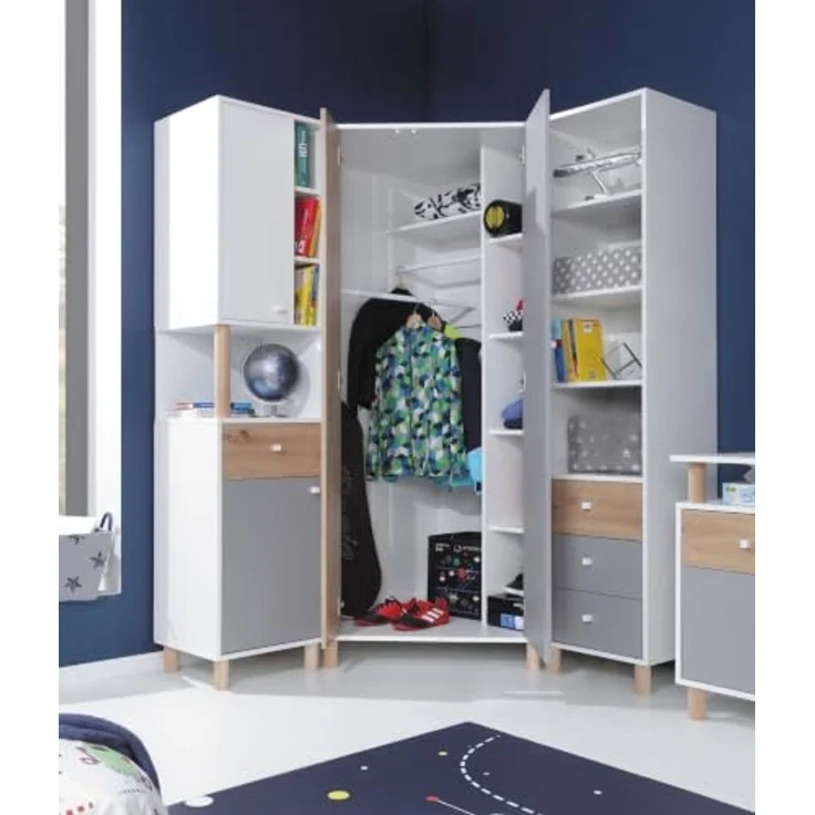 Jugendzimmer Farin in Weiß, Eiche Artisan & Grau – Modern mit Massivholz-Füßen, in verschiedenen Set-Varianten oder als Einzelmöbel für Kinder & Jugendliche - 7 teilig , Eckkleiderschrank · Standregal mit Türen · Standregal mit Schubkästen · Schreibtis... – Bild 3