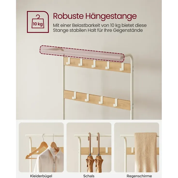 Vasagle Garderobenständer mit 9 Abnehmbaren Haken und mit Sitzfläche, Holz/ Metall weiß/natur, 72 x 183 x 33, HSR40W – Bild 2
