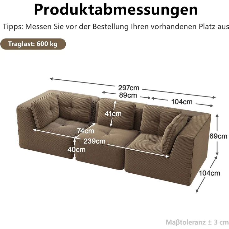EINHOM Rahmenloses Sektionssofa, modulares Ecksofa, bequemes Cordsofa, Dreisitzer-Sofa mit tiefer Sitzfläche für das Wohnzimmer, kein Aufbau erforderlich, , braun – Bild 2