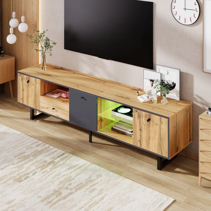 TV-Schrank Holz Grau Anthrazit 190 x 40 x 50 cm, LED-Beleuchtung & Glasböden,mit 3 Türen, 3 offenen Fächern – Bild 6