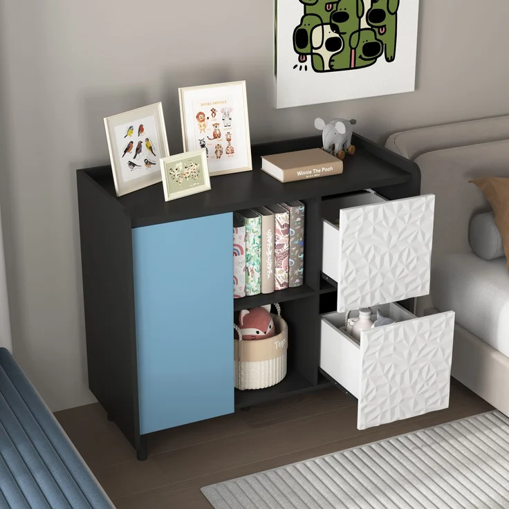 Sideboard-Buffetschrank in Schwarz mit blauen Türen und 2 Schubladen – Viel Stauraum für Küche und Esszimmer – Bild 6
