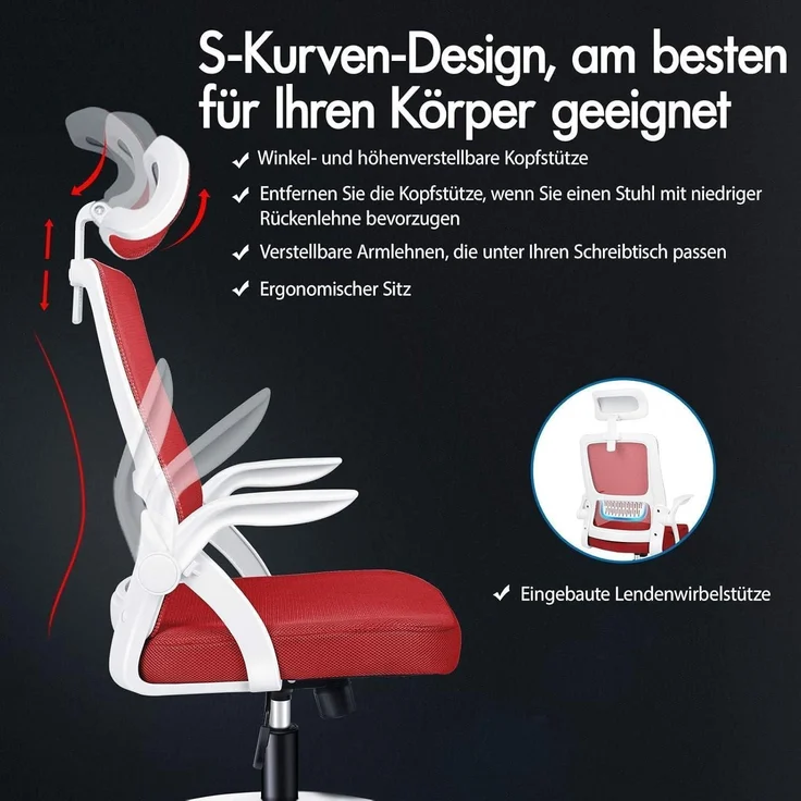 ALFORDSON Bürostuhl mit Kopfstütze Lordosenstütze Drehstuhl Heimbüro Rot – Bild 3