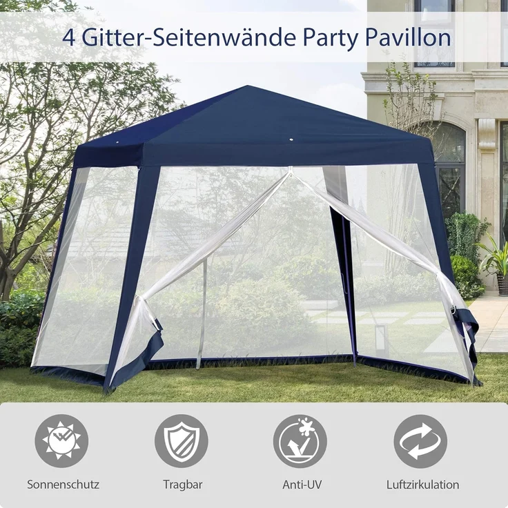 Outsunny Gartenpavillon Pavillon Festzelt Partyzelt wetterfest Zelt mit Moskitonetz Metall + Polyester Blau 3x3 m – Bild 3