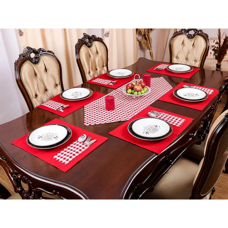 Ekershop Tischläufer und 6 Platz-Matten Set Tischset Platzset Platzdecken Rot Kariert (Kariert)