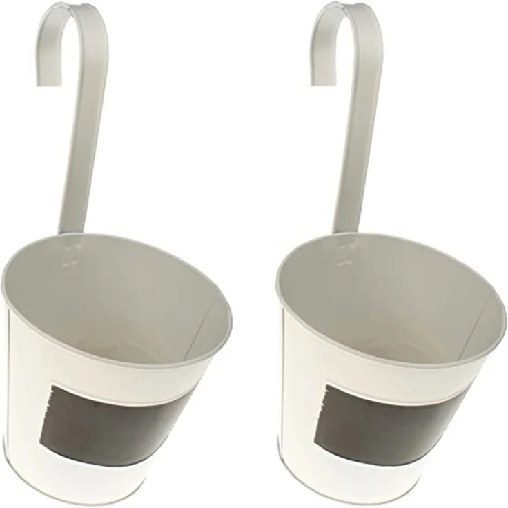 Macosa Home Blumentopf zum hängen 2er Set Metall Weiß Shabby Hängeblumentopf (zum Beschriften, 2 St, Blumenleiter Pflanzgefäß Topf), Balkontopf Blumentopf Geländer Geländertopf – Bild 1
