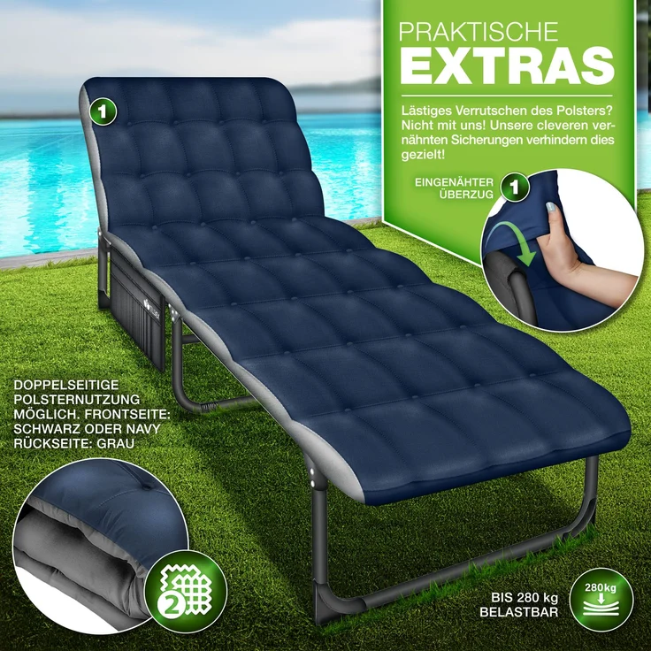 tillvex® Campingbett, mit Tragetasche, Polster & Nackenkissen, klappbar, Gestepptes Material, Oxford-Gewebe, Navyblau, 190 x 68 x 32 cm – Bild 10
