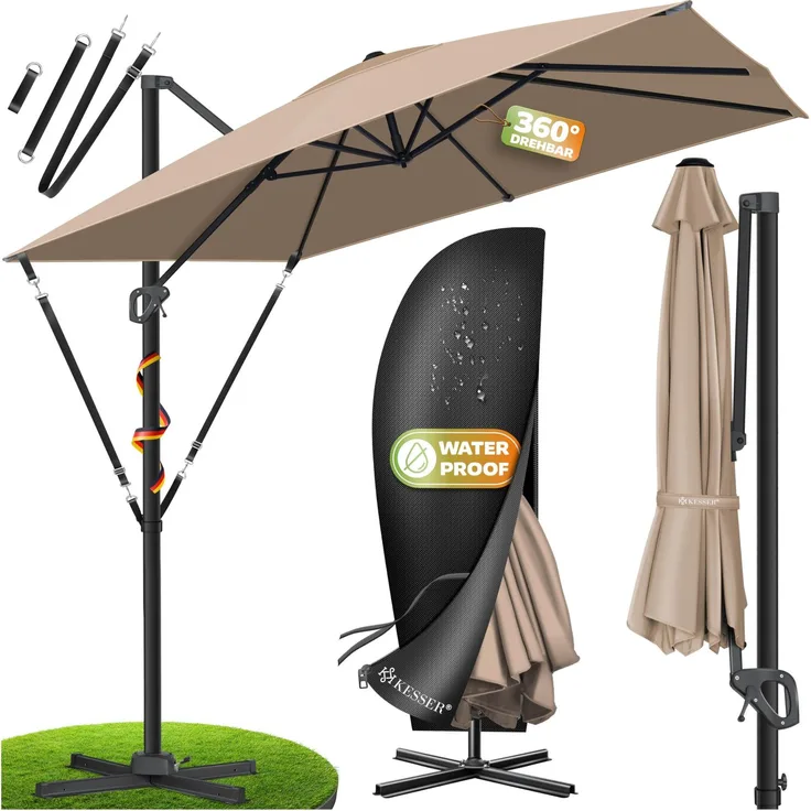 KESSER® Sonnenschirm Ampelschirm SUN XL 300 x 300 cm Inkl. Abdeckung +Windsicherung Drehbar Neigbar Kippbar Marktschirm Groß 360° Rotation, Gartenschirm mit Kurbel Sonnenschutz UV50+ Taupe, Ohne LED
