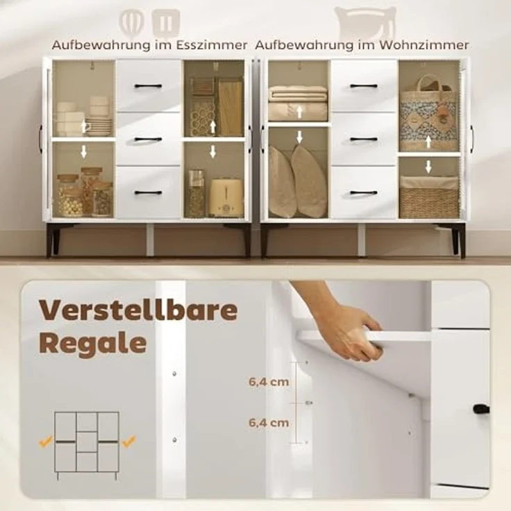 HOMCOM Sideboard mit 3 Schubladen, 2 Glastüren, verstellbaren Regalen (Modern Schubladenschrank, 1 St, Kommode), mit Soft-Close-Scharnieren, für Wohnzimmer Esszimmer Flur, Weiß – Bild 5