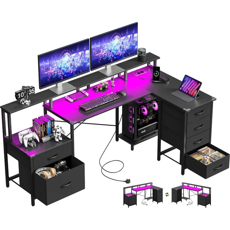 IRONCK Schreibtisch L Form Gaming Tisch mit LED & Steckdosen 2AC+1USB+1C, 189x100 cm Eckschreibtisch mit 6 Schubladen & Monitorständer, Reversible Computertisch mit Stauraum für Home Office Schwarz