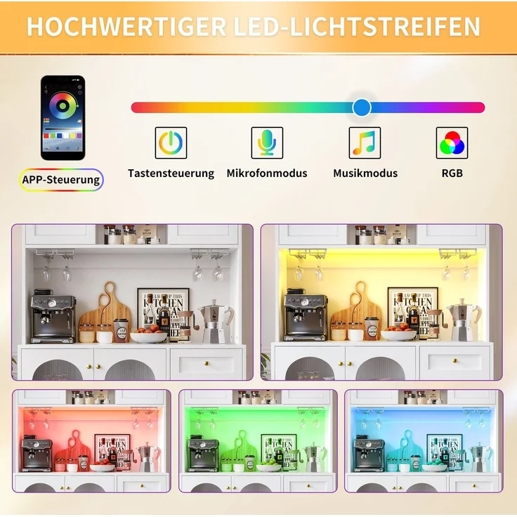 Buffetschrank mit LED-Lichtleiste & Fluted Glas, 120x40x188 cm, Weiß – Bild 8