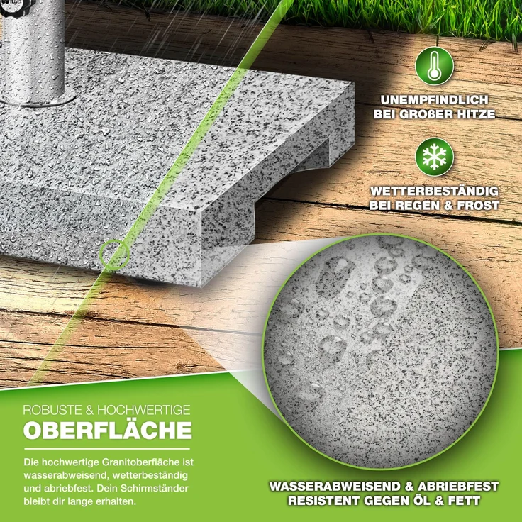 tillvex® Granit Sonnenschirmständer mit Transportgriff Grau - 27 kg Rechteckig | Schirmständer Sonnenschirm mit Edelstahlrohr | Balkonschirmständer für Schirmstöcke 16-48 mm & 300 cm Schirmdurchmesser – Bild 3