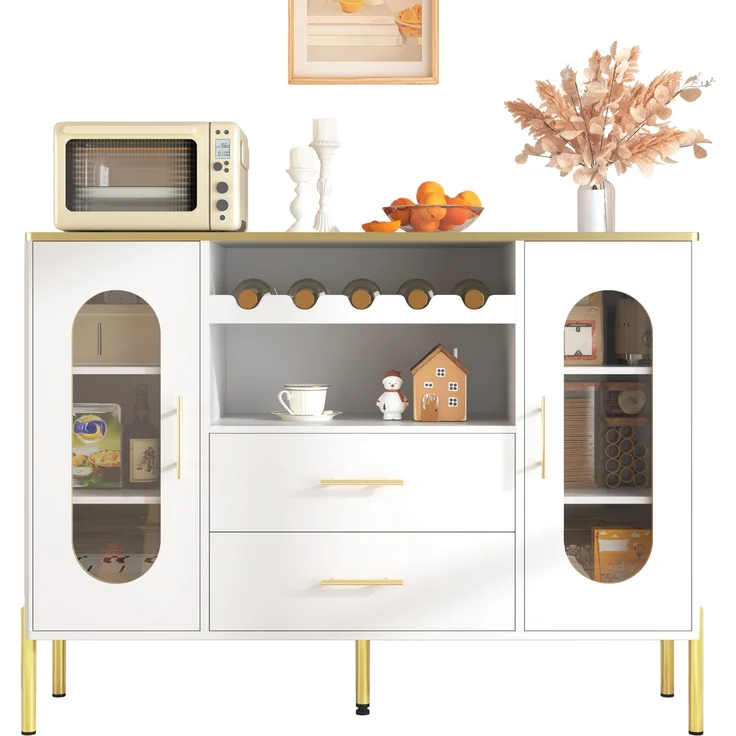 Merax Weißes Sideboard, Glasfronten & Weinregal – Sideboard für Esszimmer & Wohnzimmer – Verstellbarer Fuß – Viel Stauraum – Bild 10