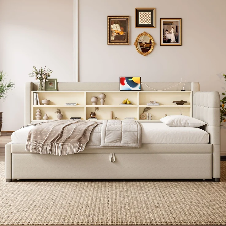 Daybett 90x200 cm mit Ausziehbett, Schlafsofa mit USB & Typ-C Ladeanschluss, multifunktionales, Leinenstoff Beige – Bild 2