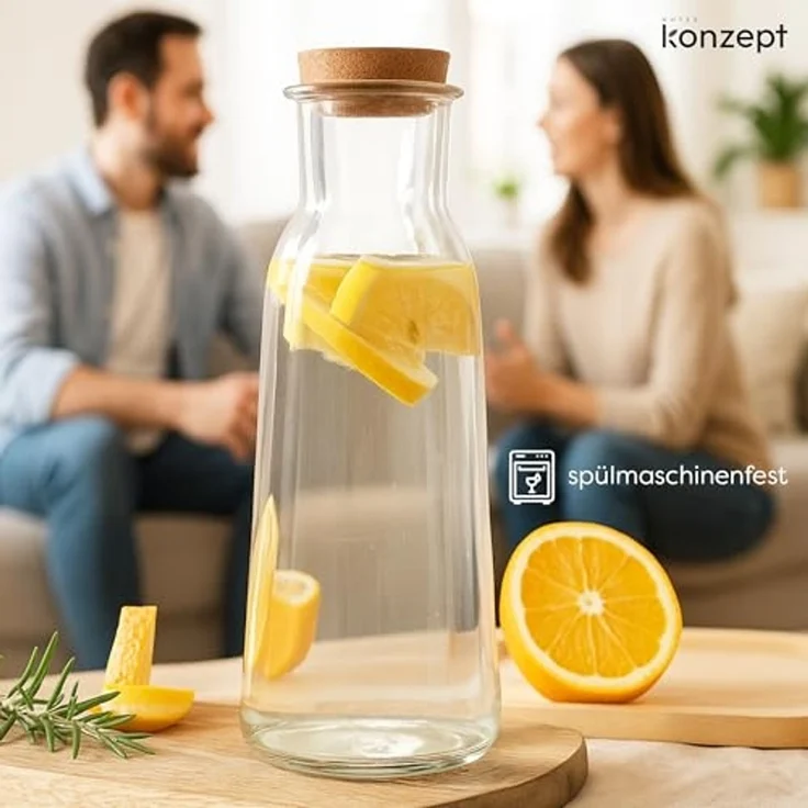 KONZEPT Wasserkaraffe Glaskaraffe mit Korkdeckel, 1 Liter, (Karaffe ideal für Wasser, 1-tlg, Saft, Limonade), ideal für Wasser, Saft, Limonade, Coctails und Milch – Bild 3