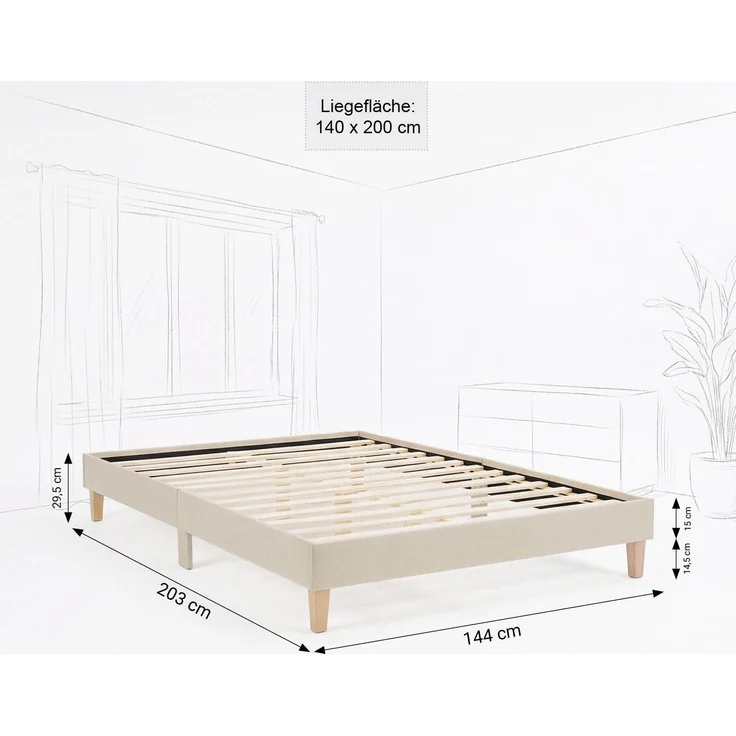 Polsterbett 140x200 cm Beige Doppelbett mit Lattenrost Futonbett Stoffbett Bett Bettgestell – Bild 3