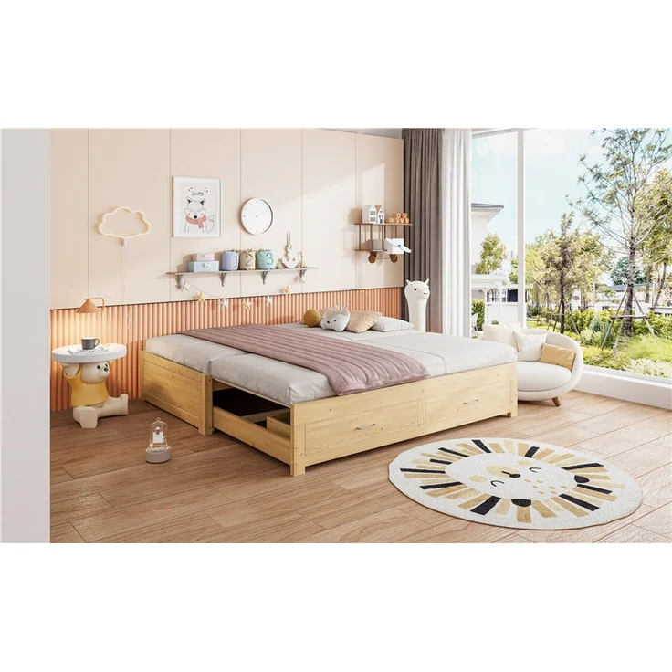 ZUBALIYA Tagesbett 90/180 × 190 cm, Holz, Ausziehbett, Schubladen, Lattenrost, Naturholz – Bild 9
